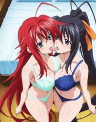 2girls ai_generated akeno_himejima bed big_breasts bikini breasts_touching_each_other females_only girlfriends high_school_dxd indoors lesbian_couple lesbian_kiss rias_gremory rias_x_akeno thick_thighs tongue_out tongues_touching voluptuous_female wife_and_wife yuri yuri yuri