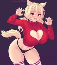 animal_ear_fluff animal_ears black_background black_panties blonde_hair blush breasts cat_ears cat_tail claw_pose cleavage_cutout clothing_cutout female hair_between_eyes highres large_breasts long_hair long_sleeves looking_at_viewer navel nottytiffy original panties red_eyes red_shirt shirt sidelocks simple_background solo standing tail teeth thighhighs tiffy_(nottytiffy) twintails underwear upper_teeth_only