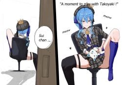 1girls blue_eyes blue_hair chair clothed door dress feline female hat hololive hololive_japan hoshimachi_suisei legs_up no_panties sitting skirt stockings suggestive text tie virgo_illustsub virtual_youtuber walk-in