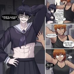 1boy 1girls abs against_wall ahoge alley attribute_theft breast_expansion brown_hair cleavage comic crossdressing dark-skinned_male dialogue emmarrgus genderswap_(ftm) genderswap_(mtf) glasses hair_growth hand_on_head hand_on_hip kabedon keiko_(emmarrgus) midriff mole_under_eye muscle_growth muscular_male original original_character role_reversal rule_63 serafuku size_difference skirt tanktop transformation