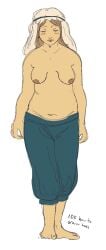 closed_eyes deity fear_and_hunger female female_only full_body goddess headwear light_brown_hair medium_breasts milf nilvan peeviviv sagging_breasts slightly_chubby smile solo stretch_marks topless topless_female veil yellow_body yellow_skin
