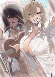 2girls asuna_(blue_archive) blue_archive female karin_(blue_archive) lemoneko tagme wet wet_clothes wet_shirt