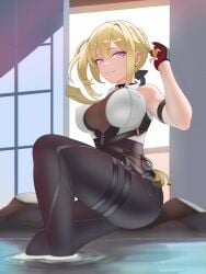 ai-assisted belt breasts collared_shirt evelyn_chevalier female gloves hair_bun high-waist_pants highres large_breasts looking_at_viewer mole mole_under_eye necktie pants pool romeboom self-upload shirt sleeveless sleeveless_shirt solo vector_art zenless_zone_zero zipper zipper_pull_tab