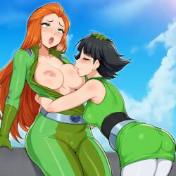 2girls ai_generated buttercup_(powerpuff_girls) hard_nipples medium_breasts open_topwear powerpuff_girls rudey_ai sam_(totally_spies) sucking_nipples totally_spies yuri yuri