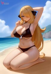 1girls 2d ai_generated ass barefeet beach big_ass big_breasts bikini blonde_hair breasts cynthia_(pokemon) erophoenix feet female female_focus full_body long_hair looking_at_viewer looking_back milf nintendo nude older_woman pale_skinned_female patreon_username pokemon pokemon_dppt smile soles solo solo_female sweat swimsuit thick thick_thighs toes uncensored voluptuous