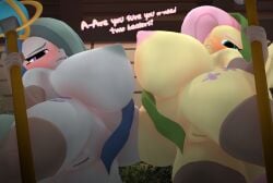 3d_(artwork) absurd_res anthro areola big_breasts biped blush breast_squish breasts breasts_frottage clothing dialogue digital_media_(artwork) duo equid equine eyebrows eyelashes female female/female fluttershy_(mlp) friendship_is_magic genitals green_eyes grey_body grey_hair hair hasbro hi_res holding_object holding_staff huge_breasts legwear looking_at_viewer low-angle_view mammal marble_pie_(mlp) mostly_nude my_little_pony nipples pink_hair pupils purple_eyes purplefondue squish staff text thick_thighs thigh_highs vulva yellow_body