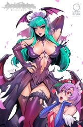 2girls admiring bat_wings big_breasts blue_sleeves bride capcom cleavage cleavage_cutout comic_cover darkstalkers green_eyes green_hair lilith_aensland long_hair looking_at_viewer morrigan_aensland multiple_girls open_mouth purple_dress purple_hair red_leotard reiq short_hair udon_entertainment vampire_(game) vampire_savior wedding_dress wedding_ring wedding_veil wings wings_on_back wings_on_head