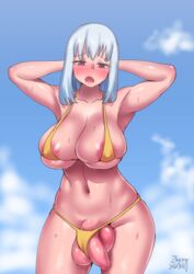 1futa areola_slip balls balls_slip big_breasts bikini blush breasts canavalia flaccid foreskin futa_only futanari intersex large_breasts original penis penis_slip solo standing sweat unretracted_foreskin zheng