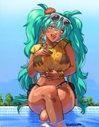 1girls aqua_eyes aqua_hair big_breasts bikini_under_clothes crossed_legs dark-skinned_female female gamusaur hair_flower hatsune_miku hoop_earrings large_breasts long_hair see-through_shirt soaking_feet solo sunglasses sunglasses_on_head swimsuit tied_shirt twintails very_long_hair wet wet_clothes yellow_shirt
