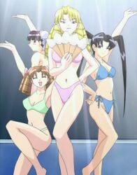 4girls bikini bikinis black_hair blonde_hair blue_bikini bows bows_in_hair braided_hair brown_hair chunko_asakusabashi curly_hair double_bun fan female green_bikini hairlocs hekusokazura_no_kimi kazuko_iidabashi koi_koi_7 light-skinned_female light_skin looking_at_viewer official_art pink_bikini pose posing posing_for_the_viewer ribbons ribbons_in_hair screencap screenshot stitched twin_braids twintails youko_suidoubashi
