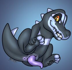 2025 alternate_color animal_genitalia anus black_body black_scales black_sclera dated digital_media_(artwork) erection generation_2_pokemon genital_slit genitals hi_res holding_paws itsdraconix male markings nintendo paws penis pokemon pokemon_(species) purple_anus purple_body purple_penis purple_scales scales signature simple_background skull_(marking) solo tapering_penis teeth totodile yellow_eyes