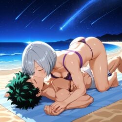 ai_generated anime ass ass beach blue_eyes boku_no_hero_academia bra breasts couple green_eyes green_hair grey_hair hair_covering_eye isogil izuku_midoriya kissing kissing lying medium_breasts midoriya_izuku muscles muscular muscular_male my_hero_academia night night_sky panties purple_bra purple_panties reiko_yanagi sand shooting_star spiky_hair starry_sky stars straight straight white_underwear yanagi_reiko