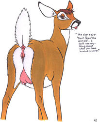 1990s 1992 20th_century absurd_res anatomically_correct anatomically_correct_anus anatomically_correct_genitalia anatomically_correct_pussy animal_anus animal_genitalia animal_pussy anus ass brown_eyes brown_fur cervine cervine_anus cervine_genitalia cervine_pussy deer english_text female feral fur genitals hi_res looking_at_viewer looking_back mammal multicolored_fur presenting presenting_hindquarters pussy raised_tail rear_view simple_background smile solo teats text tim_o'rourke tongue traditional_media_(artwork) two_tone_fur white_background white_fur year