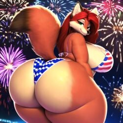 2023 4th_of_july ai ai_generated anthro ass big_breasts big_butt breasts chubby chubby_female female female_only fireworks fox foxy_thepyromancerfox looking_at_viewer mommy nipples overweight overweight_female tail_markings thepyromancerfox