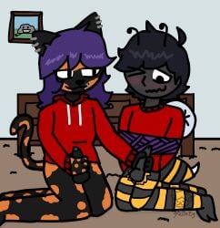 absurd_res arms_tied arthropod bee blush bondage bondage bottomless bound burningfallacy clothed clothing delilah_(burningfallacy) domestic_cat dominant dominant_gynomorph dominant_intersex duo felid feline felis foreskin fur fur_markings genitals gynomorph hair hi_res hoodie hymenopteran insects intersex intersex/male male mammal markings max_(burningfallacy) mutual_masturbation penis piercing purple_hair restraints rope rope_bondage rope_harness selfcest shaded simple_background simple_shading square_crossover submissive submissive_male sweater topwear tortoiseshell_cat trans_(lore) trans_woman_(lore)