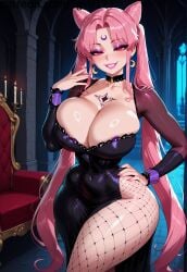 ai_generated bangs black_dress black_lady blush breasts candle choker cleavage collarbone cone_hair_bun corruption covered_navel crescent crescent_facial_mark crystal_earrings curvy double_bun dress earrings eyeshadow facial_mark female fishnet_pantyhose fishnets forehead_mark hair_bun hand_on_hip huge_breasts jewelry large_breasts lips lipstick long_hair looking_at_viewer makeup mole mole_on_breast nail_polish pantyhose pink_eyes pink_hair pink_nails red_eyes sailor_moon seductive_smile side_slit smile solo tgv9173 thick_thighs thighs twintails very_long_hair wide_hips