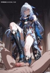 ai_generated blue_dress dress elkazama_yumi femdom footjob honkai:_star_rail jingliu_(honkai:_star_rail) shoejob