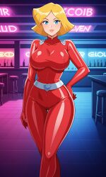 1girls ai_generated bar blonde_hair blue_eyes bodysuit clothed clover_(totally_spies) club curvy curvy_female female female_only full_body hand_on_hip her_brother_drives_a_subaru huge_breasts indoors neon_lights red_bodysuit self_upload short_hair skin_tight solo stable_diffusion tight_clothing totally_spies voluptuous wide_hips