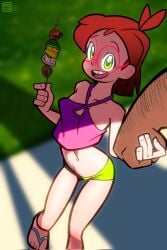 ahoge big_hands big_male blanaid_(dckiq) body_hair buck_teeth buck_tooth crop_top cropped_tank_top crumbs_on_face daddy daddy_dom daddy_kink dckiq ddlg detailed_lighting detailed_shading dynamic_angle female_focus flip_flops flower_eyes flower_iris food freckles freckles_on_face freckles_on_shoulders ginger ginger_hair glasses green_eyes hairy hairy_arms hairy_male halter_top halterneck happy happy_expression hector_(dckiq) himbo holding_food holding_hand holding_hands huge_hands huge_man kabob_(food) large_hands large_male looking_up_at_partner looking_up_at_viewer muscular muscular_male open_mouth outdoors outside pale-skinned_female pale_skin pale_skinned_female perky_nipples round_glasses scantily_clad scantily_dressed scantly_dressed shish_kabob short_shorts shorts simple_background size_comparison size_difference size_kink size_play skewered_food skinny skinny_female skinny_girl small_boobs small_breasts small_female small_pussy smaller_female summer tall_male tan_lines tan_skin tan_skinned_male tanktop tiny_shorts tummy tummy_exposed unique_iris very_small_breasts