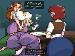 1boy 2girls agal1502 ass ass_focus ass_grab background big_ass big_breasts bigger_female blush breasts cremia english_text excited grabbing grabbing_ass imminent_sex large_ass large_breasts larger_female link long_ears nintendo text the_legend_of_zelda thick_thighs thin_waist