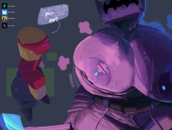1boy 1girls areolae axe big_breasts blocky_anatomy blocky_body blue_background bluesky_link breast_piercing breasts cassie_rose_(mcsm) crt_effect deviantart_link elliot_(forsaken) elliot_(work_at_a_pizza_place) english_dialogue english_text fat_breasts fat_tits female forsaken_(roblox) glowing_eyes head_out_of_frame highlighted_text huge_breasts imminent_sex jiggling_breasts large_breasts male massive_breasts minecraft minecraft:_story_mode murderer newgrounds_link nipple_piercing nipples pixiv_link pumpkin_head purple_body purple_lighting purple_nipples purple_pants red_shirt red_visor roblox roblox_game robloxian shirt_down speech_bubble starstar000 sweat sweating text the_white_pumpkin thick_ass thick_thighs tool_belt twitter_link yellow_eyes