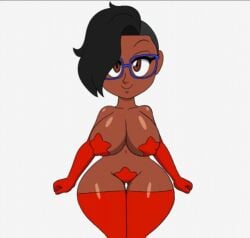 1girls big_breasts big_hips black_hair covered_nipples covered_pussy dark-skinned_female ebony female glasses hair long_gloves long_hair long_socks looking_at_viewer pasties posing screenshot seductive smug solo tagme tansau wide_hips