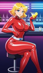 1girls ai_generated bar blonde_hair blue_eyes bodysuit clothed clover_(totally_spies) club curvy curvy_female drink female female_only her_brother_drives_a_subaru huge_breasts indoors neon_lights red_bodysuit self_upload short_hair sitting skin_tight solo stable_diffusion tight_clothing totally_spies voluptuous