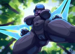 343_industries alien alien_girl big_breasts blue_eyes bodysuit cameltoe energy_sword forest grey_body halo_(series) long_eyelashes looking_at_viewer mandibles melee_weapon navel pulseblock sangheili thick_thighs worm's-eye_view
