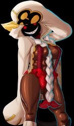 1girls blazblue breasts cat_ears cat_tail covered_nipples female female_only hips hood hoodie huge_hips huge_thighs inner_thighs large_breasts muscular muscular_female no_shirt skimpy_clothes suspenders tan_body taokaka thick_thighs thighs