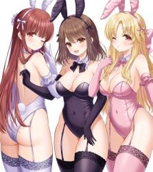 3girls amatsu_kanata arm_gloves ass bare_back bare_hips bare_legs bare_shoulders bare_skin bare_thighs belly_button black_arm_gloves black_bowtie black_bunny_ears black_bunnysuit black_elbow_gloves black_gloves black_hairband black_leggings black_legwear black_leotard black_stockings black_thigh_highs black_thighhighs black_topwear blonde_female blonde_hair blonde_hair blonde_hair_female blush blush_face blushing_female bowtie breasts brown_eyebrows brown_eyes brown_eyes_female brown_hair brown_hair_female bunny_ears bunnysuit cleavage closed_mouth_smile collarbone curvaceous curvaceous_body curvaceous_female curvaceous_figure curvaceous_hips curvaceous_thighs curvy curvy_ass curvy_body curvy_female curvy_figure curvy_hips curvy_thighs elbow_gloves exposed_back exposed_hips exposed_legs exposed_shoulders exposed_skin exposed_thighs eye_closed female female_focus female_only fingers girlfriend_(kari) gloves groin hairband head_tilt high_resolution highres hiiragi_kei hourglass_figure large_breasts lean_figure leggings legwear leotard lips long_hair looking_at_viewer looking_back looking_back_at_viewer multiple_females multiple_girls narrow_waist navel one_eye_closed one_eye_open open_mouth open_mouth_smile orange_eyes orange_eyes_female parted_lips pink_bowtie pink_bunny_ears pink_bunnysuit pink_elbow_gloves pink_gloves pink_hairband pink_leggings pink_legwear pink_leotard pink_stockings pink_thigh_highs pink_thighhighs pink_topwear red_eyes red_eyes_female sasahara_nonoka shiina_kokomi shoulders simple_background slender_body slender_waist slim_waist smile smiley_face smiling smiling_at_viewer smirk standing stockings thick_thighs thigh_highs thighhighs thighs tilted_head tongue topwear upper_body white_arm_gloves white_background white_bowtie white_bunny_ears white_bunnysuit white_elbow_gloves white_gloves white_hairband white_leggings white_legwear white_leotard white_stockings white_thigh_highs white_thighhighs white_topwear wide_hips wink winking winking_at_viewer winking_eye