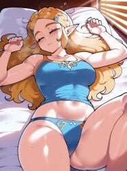 1girls ai_generated blinds blonde_hair breath_of_the_wild civitai closed_eyes crown_braid cute dug-lith-pls female female_focus female_only hairclip hairclips head_on_pillow hylian hylian_ears medium_breasts messy_hair midriff midriff_peek morning navel nintendo on_back on_bed panties pointy_ears princess_zelda shiny_skin sleeping solo solo_female solo_focus tagme tank_top the_legend_of_zelda thiccwithaq_(ai_style) thick_thighs window window_light zelda_(breath_of_the_wild)