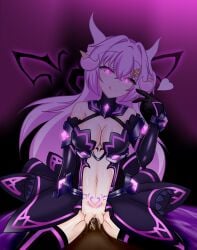 1boy absurdres black_sclera breasts cleavage colored_sclera corruption cum cum_in_pussy dark-skinned_male dark_persona dark_skin demon_girl demon_horns female gloves glowing glowing_eyes hair_ornament heart highres horns kouyoku_senki_exs-tia licking_lips lilistia long_hair looking_at_viewer medium_breasts mind_control navel original penis pink_eyes pink_hair pointy_ears pubic_tattoo purple_eyes purple_hair pussy revealing_clothes sex smile solo_focus straddling straight symbol-shaped_pupils tail tattoo thighhighs tongue tongue_out vaginal_penetration wings zarkurol_r
