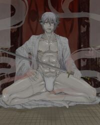 adult_male franken_stein fundoshi glasses gray_hair green_eyes katana kimono male male_only manspreading muscular muscular_male old_male open_kimono pecs smoking_cigarette soul_eater