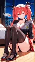 ai_generated black_shirt black_thighhighs boosterred99 bra collar firika_mia_shatana full_body heels high_heels illustrious_(stable_diffusion) legs long_hair nukidoki! pony_diffusion_xl purple_eyes red_hair red_skirt seductive_smile shirt sitting skirt thick_thighs thighs twintails underwear