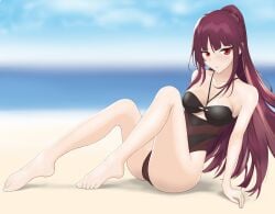 1girls 711pan 711pan ankles ass bare_arms bare_calves bare_chest bare_hands bare_hips bare_knees bare_legs bare_shoulders bare_skin bare_soles bare_thighs bare_toes barefoot beach bikini blue_sky blurred_background blurry_background breasts calves cleavage clouds coast collarbone day daylight daytime exposed_arms exposed_chest exposed_hips exposed_legs exposed_shoulders exposed_skin exposed_thighs exposed_toes feet female female_focus female_only fingers full_body girls'_frontline groin high_resolution highres horizon knees lean_figure legs long_hair looking_at_viewer medium_breasts narrow_waist ocean outdoor outdoors outside ponytail purple_eyebrows purple_hair purple_hair_female red_eyes red_eyes_female sand sea seaside shoulders sitting sitting_on_ass sitting_on_floor sitting_on_ground sky slender_body slender_waist slim_waist solo swimsuit swimwear thick_thighs thighs toes wa2000_(girls'_frontline)