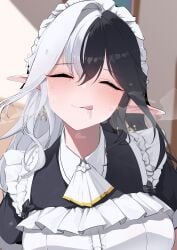 :q absurdres apron black_hair blush closed_eyes commission drooling earrings eileennoir female gloves gokkun highres indie_virtual_youtuber jewelry long_hair maid maid_apron maid_headdress multicolored_hair pointy_ears saliva short_sleeves skeb_commission solo sweat tongue tongue_out two-tone_hair virtual_youtuber white_apron white_gloves white_hair yanagui_yugi