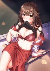 1girls blush bra bra_pull breasts brown_eyes brown_hair cleavage clothes_lift clothes_pull crossed_legs desk harumachi_hashira highres long_hair looking_at_viewer medium_breasts open_clothes open_shirt red_bra sahara386 school_desk sex_and_dungeon shirt_lift smile teacher underwear