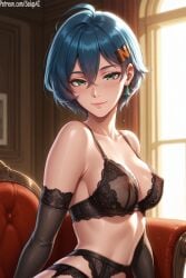1girls ahoge ai_generated belle_(zenless_zone_zero) black_bra black_gloves black_lingerie blue_hair bra breasts elbow_gloves female female_only green_eyes hair_ornament hairclip lace-trimmed_bra lace-trimmed_gloves lace-trimmed_thighhighs lingerie looking_at_viewer medium_breasts nipples_visible_through_clothing patreon salupai short_hair solo solo_female thick_thighs thighs uncensored upper_body watermark zenless_zone_zero