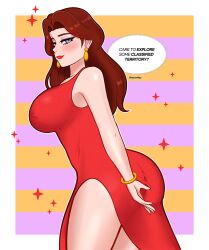 1girls artist_name ass bare_shoulders blue_eyes bracelet breasts brown_hair dress earrings english_text female large_ass large_breasts long_hair looking_at_viewer mario_(series) moxridey nintendo pauline red_dress shiny_skin solo solo_female solo_focus text text_bubble