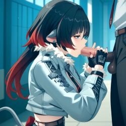 ai ai_generated anime blowjob blue_eyes blue_sky building_background cat_ears dark_hair detailed_background fellatio female fingerless_gloves fur_trim gloves jacket jane_doe_(zenless_zone_zero) male necktie oral_sex pants red_hair school_uniform sexy shadows sucking sucking_penis sunlight tail zenless_zone_zero