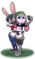absurd_res anthro areola beanie black_body black_fur black_hair breasts cellphone clothed clothing disney duo electronics female fur genitals grey_body grey_fur hair hat headgear headwear hi_res judy_hopps lagomorph leporid mammal multicolored_body multicolored_fur nipples phone purple_eyes rabbit selfie siroc smile two_tone_body two_tone_fur vulva white_body white_fur yellow_eyes zootopia