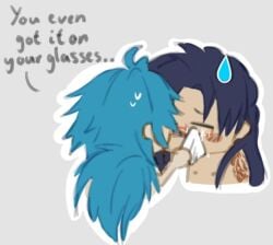 after_cunnilingus after_orgasm aoba_seragaki black_hair blue_hair cum_on_face cum_on_glasses dialogue dramatical_murder english english_text gay glasses koujaku long_hair no_visible_genitalia scratchmebiteme tagme tattoo toony wiping yaoi