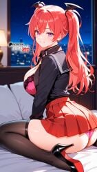 ai_generated ass black_shirt black_thighhighs boosterred99 bra collar firika_mia_shatana from_behind from_behind_position full_body heels high_heels illustrious_(stable_diffusion) legs long_hair nukidoki! panties pony_diffusion_xl purple_eyes red_hair red_skirt seductive_smile shirt sitting skirt thick_thighs thighs twintails underwear