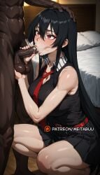 1boy :>= ai_generated akame_(akame_ga_kill!) akame_ga_kill! balls bare_shoulders barefoot bed bedroom belt black_hair black_shirt black_skirt blush breasts caressing_testicles censored cleavage clothed_female_nude_male collared_shirt cum cum_in_mouth cum_overflow dark-skinned_male dark_skin fellatio female hair_between_eyes hand_on_another's_head indoors interracial large_breasts large_penis long_hair makeup male male_pubic_hair meitabuu miniskirt necktie nude oral penis pleated_skirt pubic_hair red_belt red_eyes red_necktie shirt skirt sleeveless sleeveless_shirt solo_focus squatting standing straight stray_pubic_hair sweat testicle_grab testicles thighs tiptoes uncensored veins veiny_penis very_dark_skin very_long_hair wooden_floor