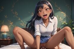 1boy 1boy1girl 1girls ai_generated anal anal_sex anal_sex artist_name asymmetrical_bangs bed black_hair blue_skirt breasts brown_eyes clothed_sex cowgirl_position cowgirl_position cum dark-skinned_female dark_skin earclip earrings fangs hair_ornament hairclip hayase_nagatoro hi_res indoors jewelry lamp long_hair looking_at_viewer medium_breasts nagatoro_hayase no_panties on_bed open_mouth patreon_username penis please_don't_bully_me,_nagatoro pleated_skirt pov progenarts pussy school_uniform sex shirt skirt smile solo_focus spread_legs squatting_cowgirl_position straddling straight tan tongue tongue_out uncensored web_address white_shirt