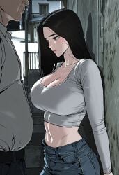 1boy 1girls age_difference ai_assisted akissor aroused baek_suzy big_breasts female_human femsub fit_female full_lips human human_male imminent_rape imminent_sex large_breasts light-skinned_female long_hair mature_male navel older_male questionable_consent slim_waist teenage_girl teenager the_bully_in_charge webtoon webtoon_waifu younger_female
