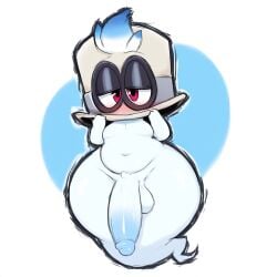ai_generated anthro balls blush cappy_(mario) flaccid foreskin genitals half-closed_eyes hellsonger hi_res humanoid_genitalia humanoid_penis looking_at_viewer male mario_bros narrowed_eyes navel nintendo penis shy simple_background slightly_chubby solo teapot_(body_type) thick_thighs wide_hips