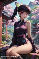 1girls ai_generated architecture artist_name black_dress black_hair blunt_bangs boots breasts bug butterfly butterfly_hair_ornament china_dress chinese_clothes day demon_slayer dress east_asian_architecture hair_ornament hi_res japanese_clothes kimetsu_no_yaiba lips long_hair long_sleeves looking_at_viewer medium_breasts off_shoulder outdoors patreon_username pelvic_curtain progenarts purple_eyes side_ponytail side_slit single_bare_shoulder sitting solo thighs tree tsuyuri_kanao web_address
