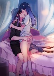 2girls ai_assisted ai_generated ass ass_grab back bed black_shirt black_skirt blouse blue_hair blue_panties blush closed_eyes clothing female female_only glasses hands_on_ass hug hugtto!_precure kissing light-skinned_female long_hair multiple_girls negom on_bed panties panties_removed pillow ponytail precure pretty_cure puffy_sleeves red-framed_eyewear shirt sitting sitting_on_bed skirt skirt_removed socks standing tagme toei_animation underwear video white_shirt yakushiji_saaya yuri