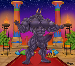 abs anubian_jackal balls biceps big_balls big_penis canine egyptian fire full-length_portrait full_length goblet jackal male male_only mammal muscular night nude pecs penis pillars pillow portrait regnar sky solo standing star torch tray vase vein